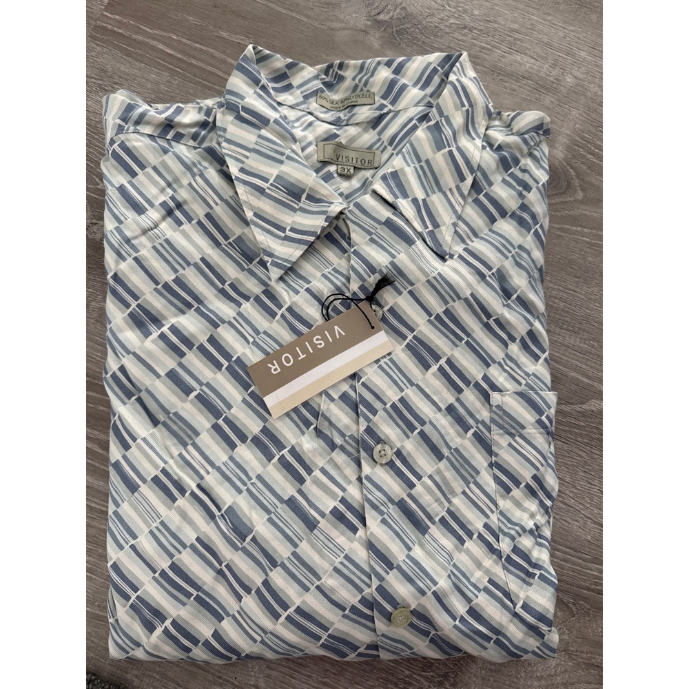 VISITOR Mens 3X Geometric Print Short Sleeve Button Up‎ Shirt Silk/Lyocell Blend